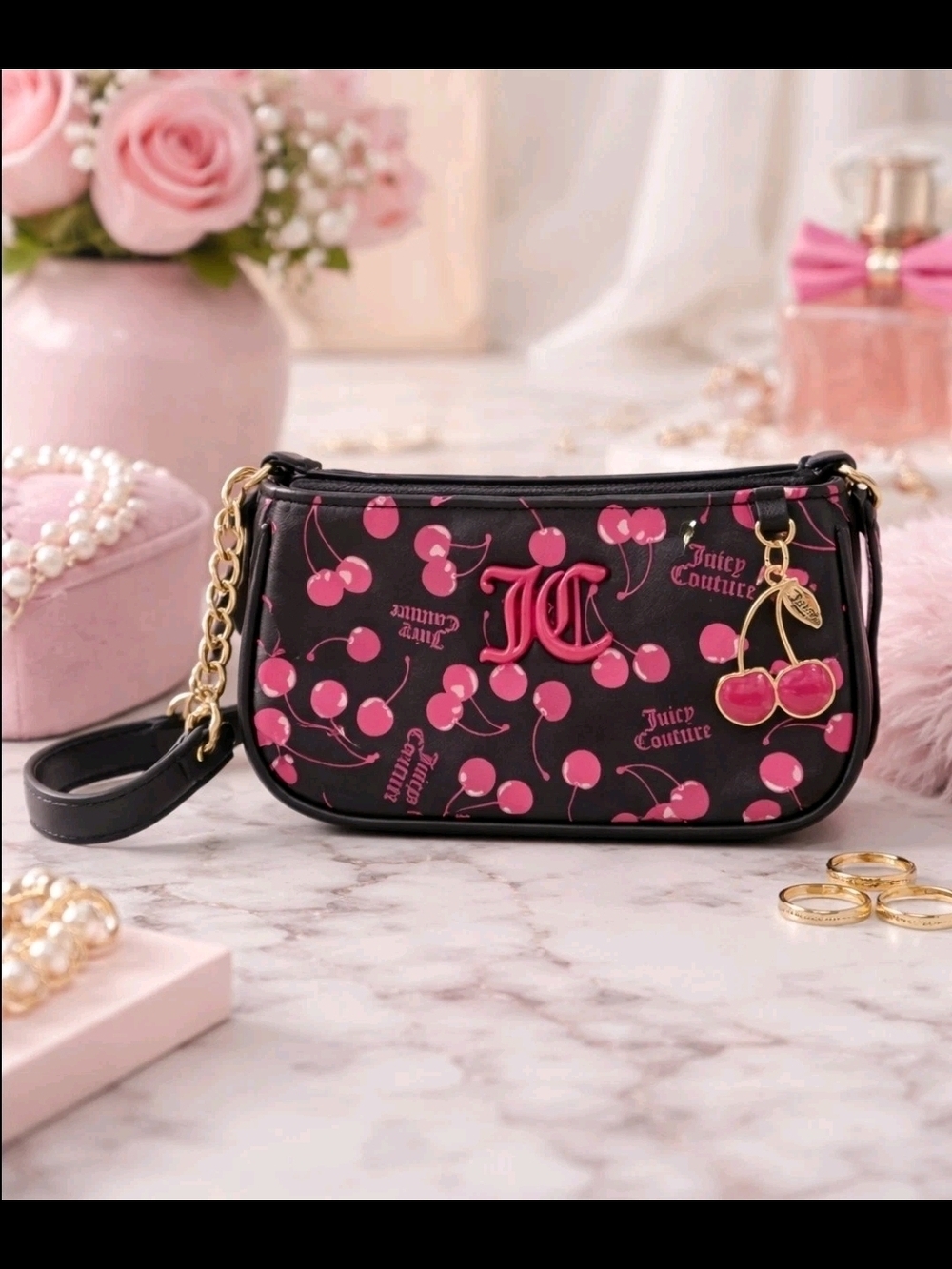 Juicy Couture Black & Pink Cherry Print Wristlet Bag NWT
